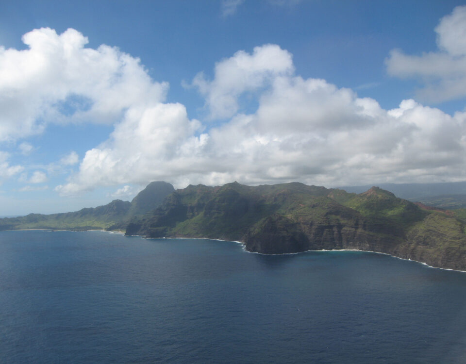 Aerial view of Hawaiian cliffs and coastline